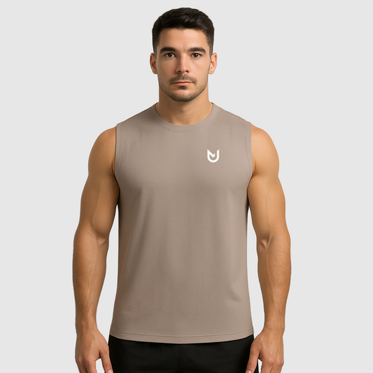 Front profile of Men Performance Sleeveless T-Shirt beige highlighting ergonomic cut and comfort fit