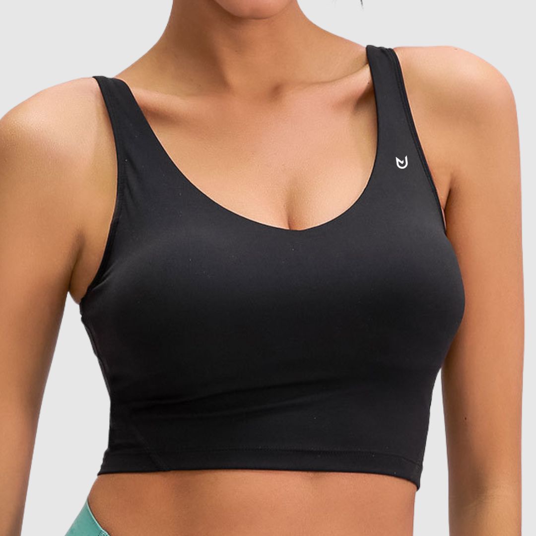 Front view of Active Fit Crop Top built-in sports bra showing sleek crop length and supportive fit
