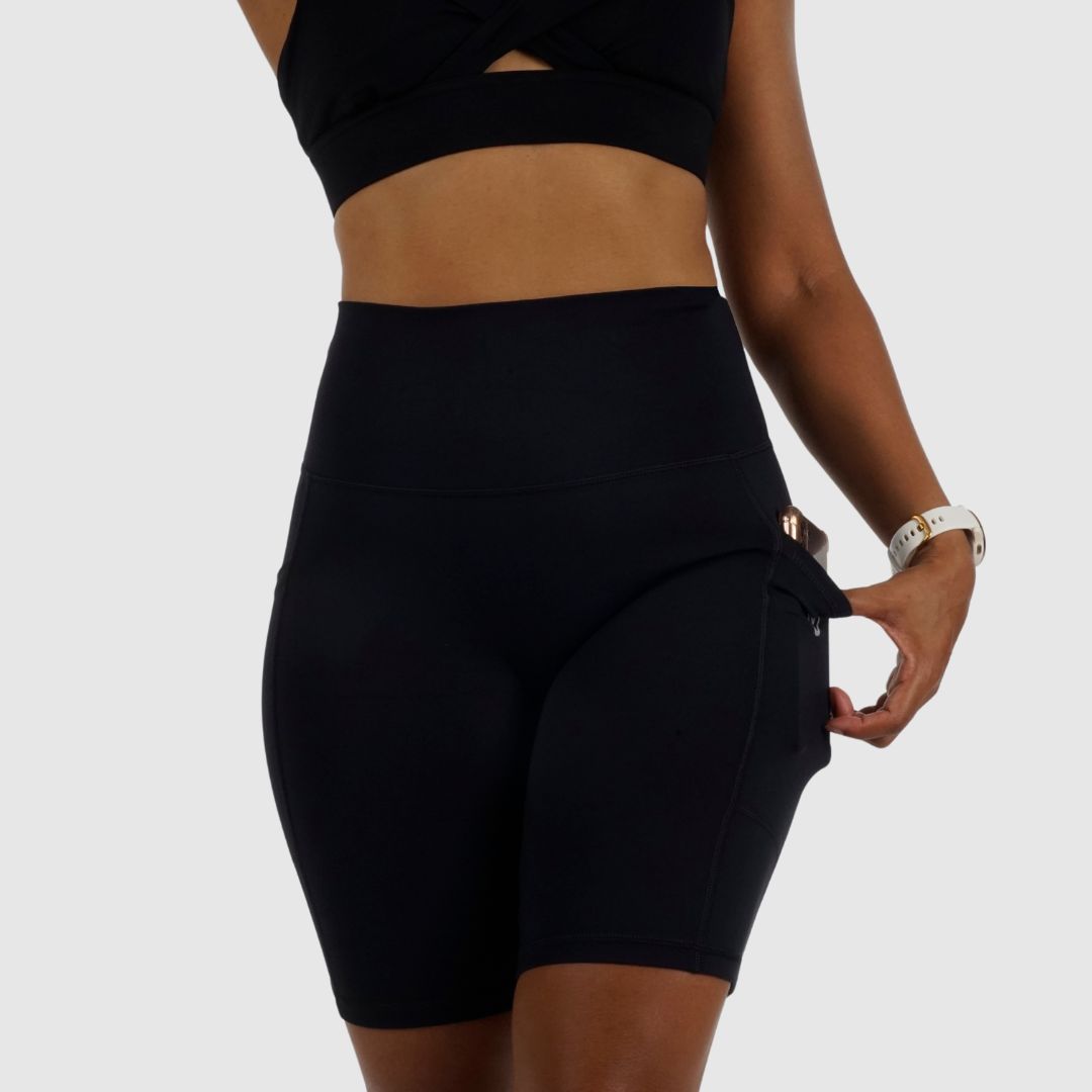 Front view of Black Cycling Shorts showing smooth waistband and tight squat‑proof fit