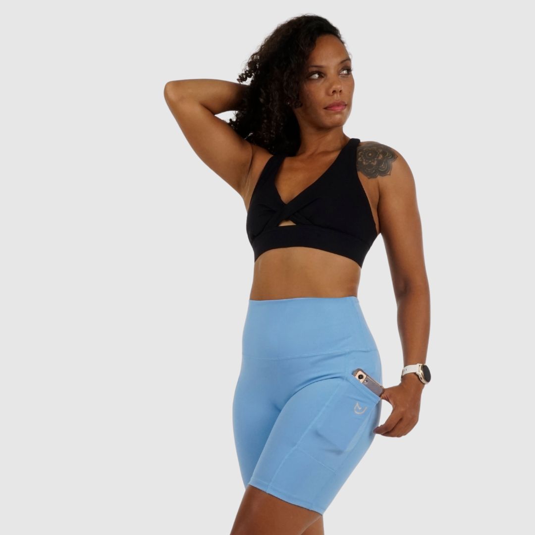 Front view of Cloud Blue Cycling Shorts showing smooth waistband and cloud‑blue colour