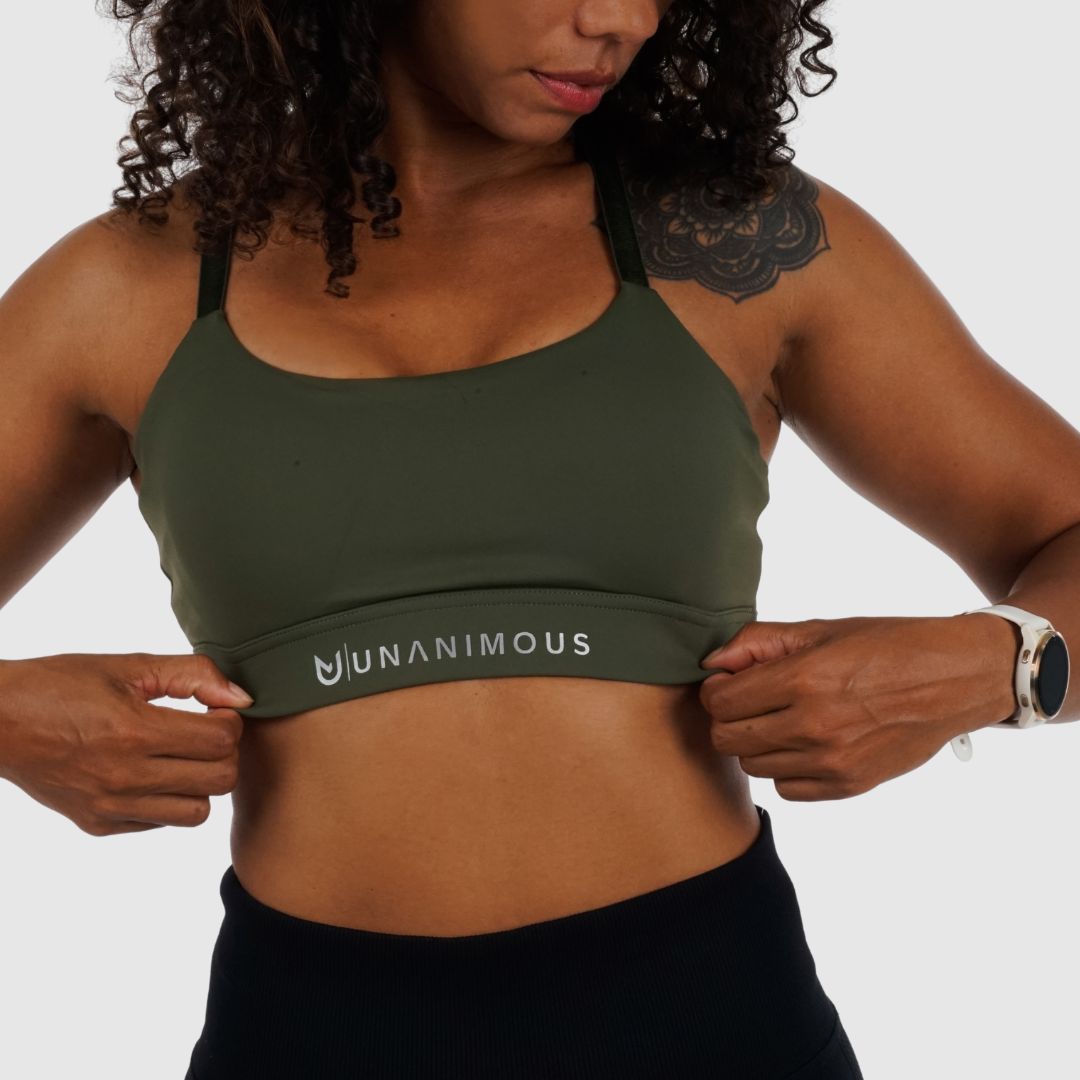 Front view of Cross Sports Bra showing sleek band, comfortable fit and minimal design