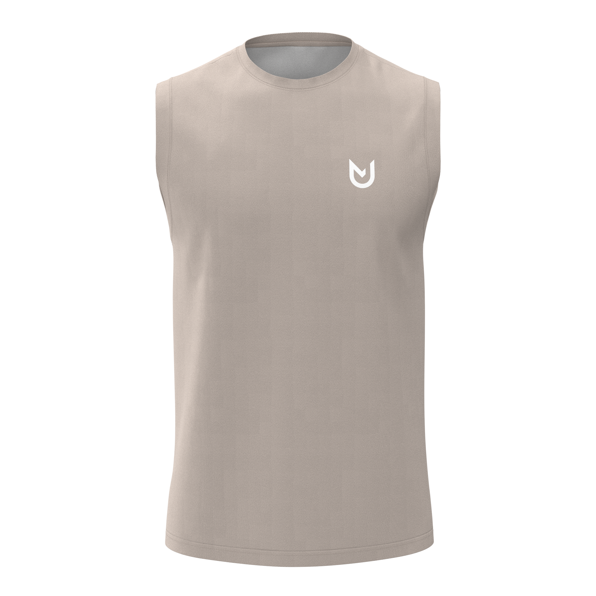 Front view of Men Performance Sleeveless T-Shirt beige showing lightweight and breathable fabric