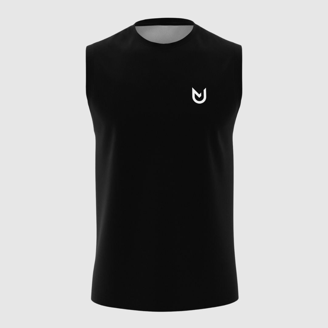 Front view of Men Performance Sleeveless T-Shirt black showing breathable mesh panels and athletic fit