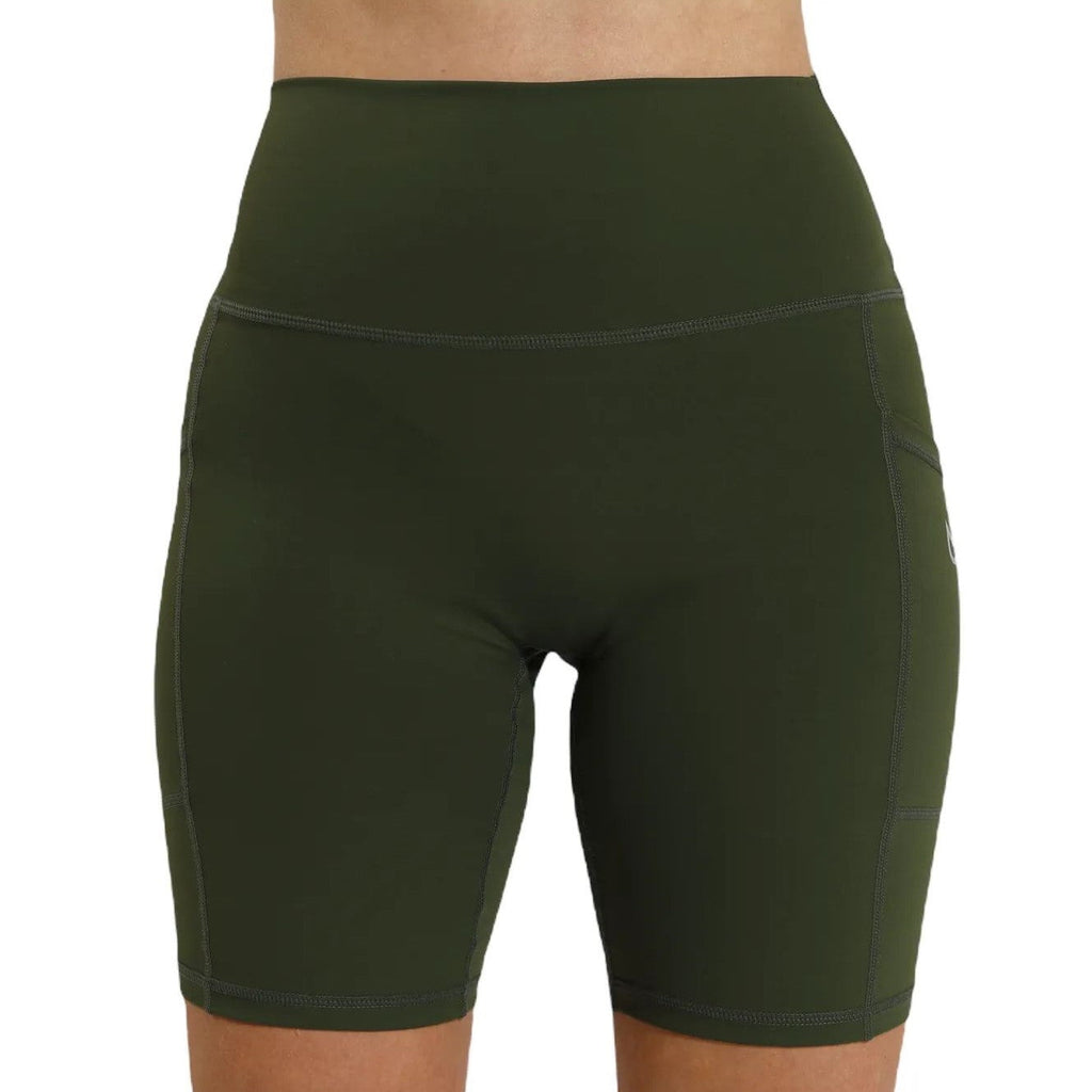 Front view of Olive Green Cycling Shorts showing smooth waistband and olive‑green color