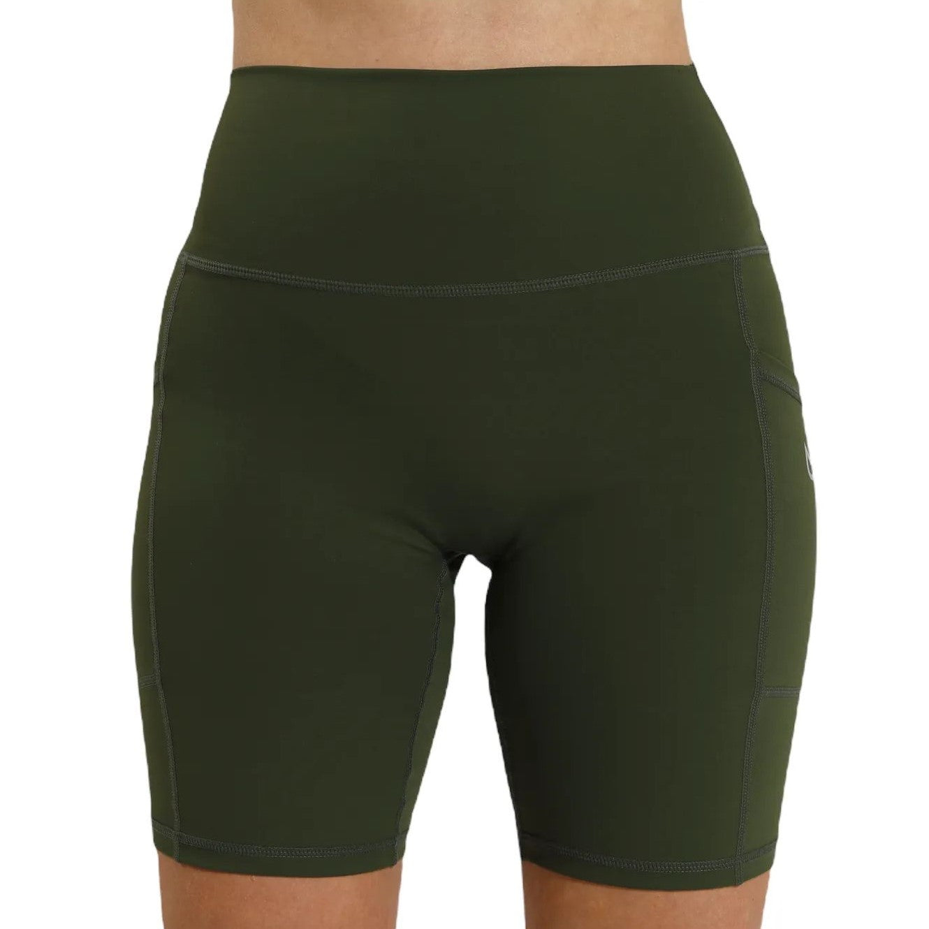 Front view of Olive Green Cycling Shorts showing smooth waistband and olive‑green color