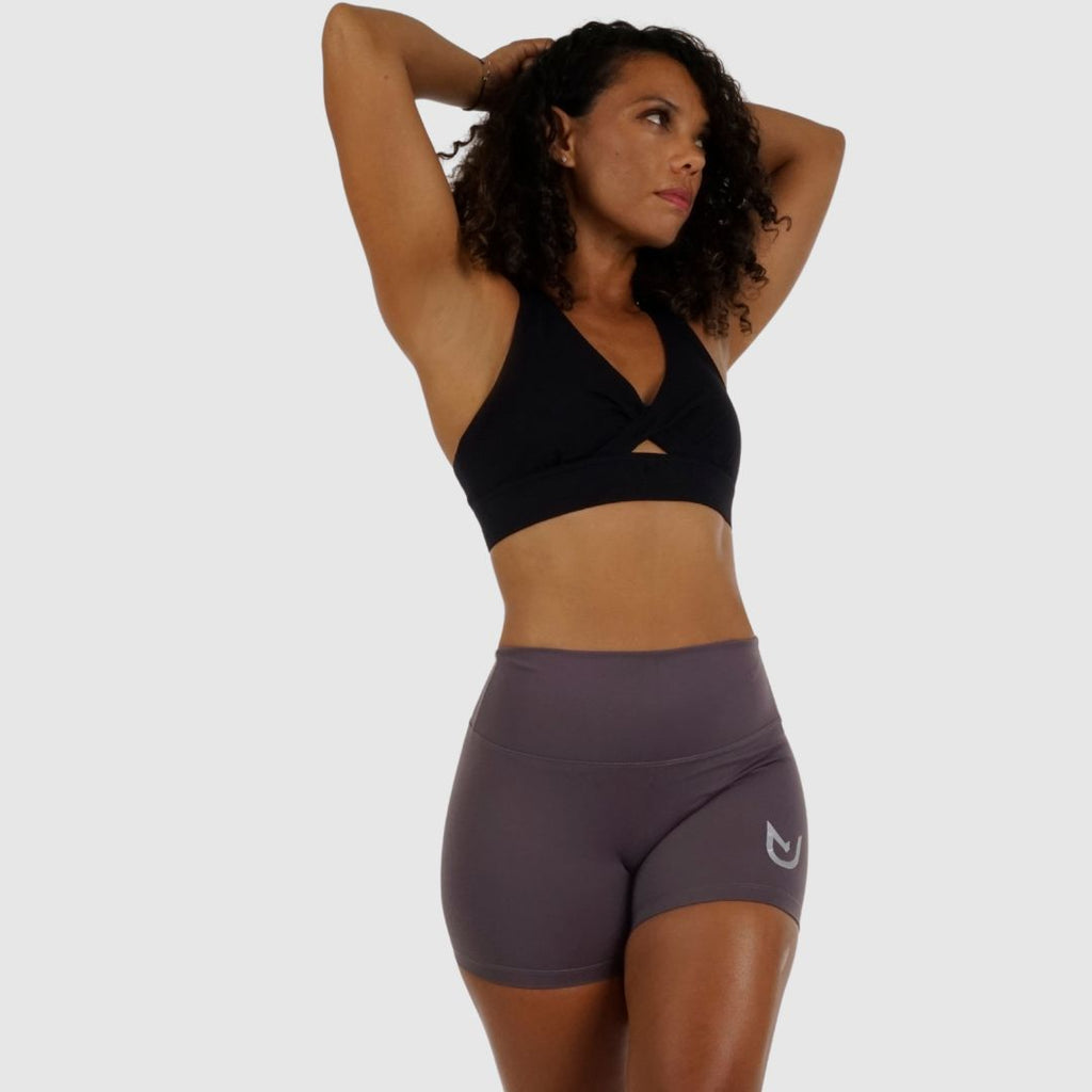 Front view of Orchid-Bloom (purple) Performance Shorts with reflective logo.