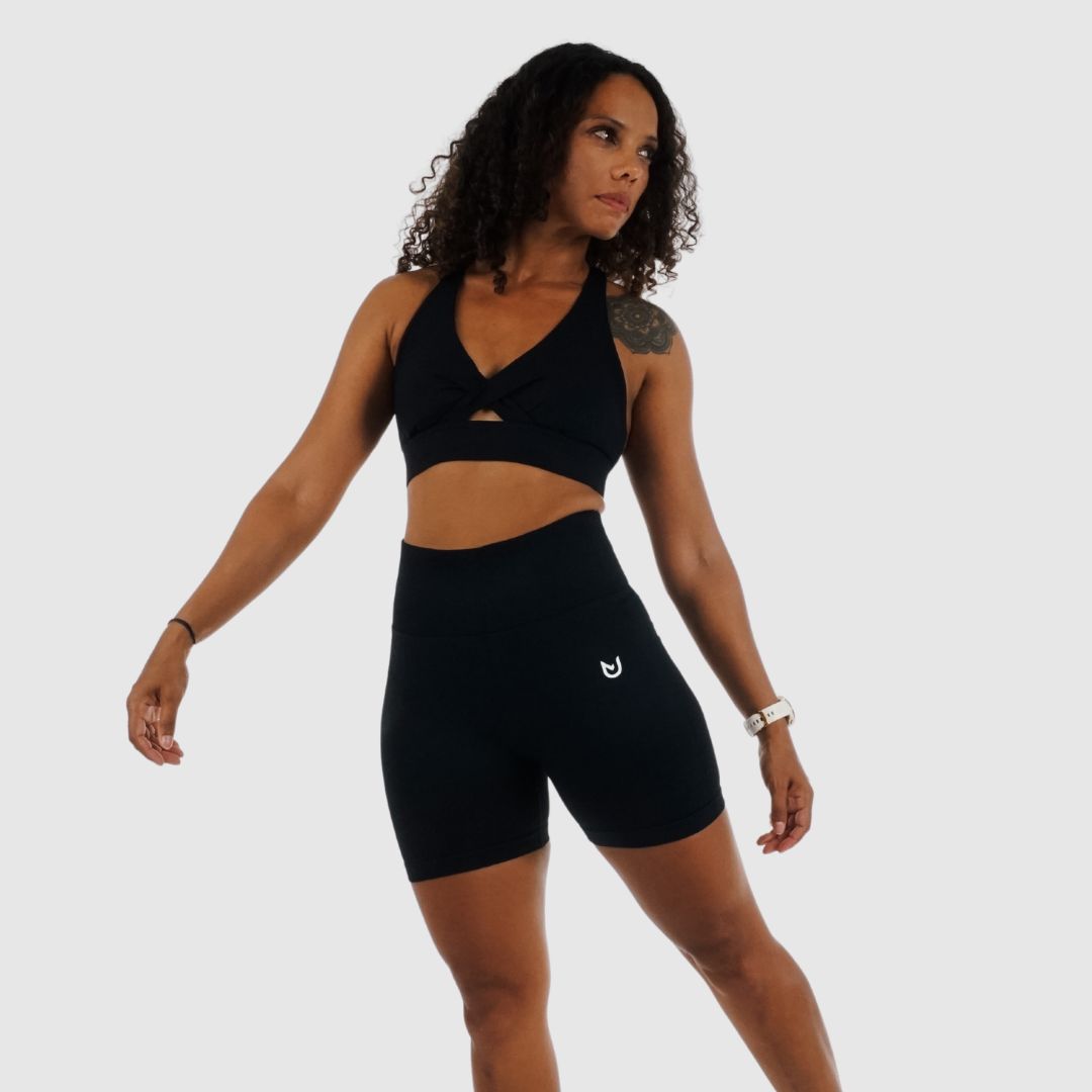 Front view of Scrunch Shorts Black showing elastic waistband and flattering fit