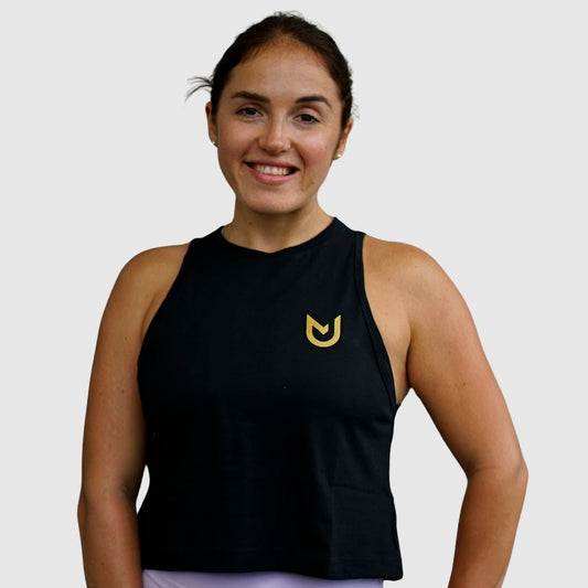 Front view of Women Crop Tank Basic Black showing high‑waisted cut and comfortable fit