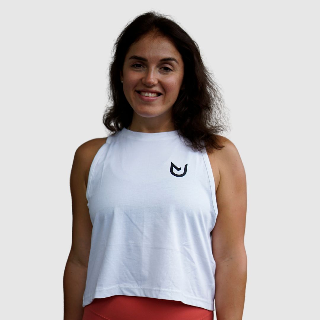 Front view of Women Crop Tank Basic White showing soft cotton fabric and flattering silhouette