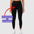 Front view of black high‑waist seamless‑front leggings laid flat on white background