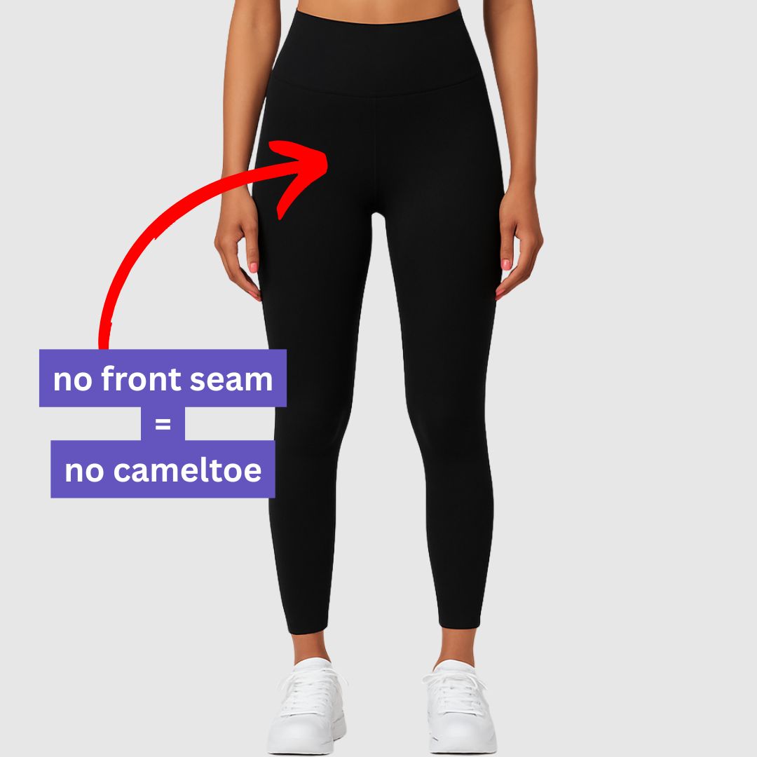 Front view of black high‑waist seamless‑front leggings laid flat on white background