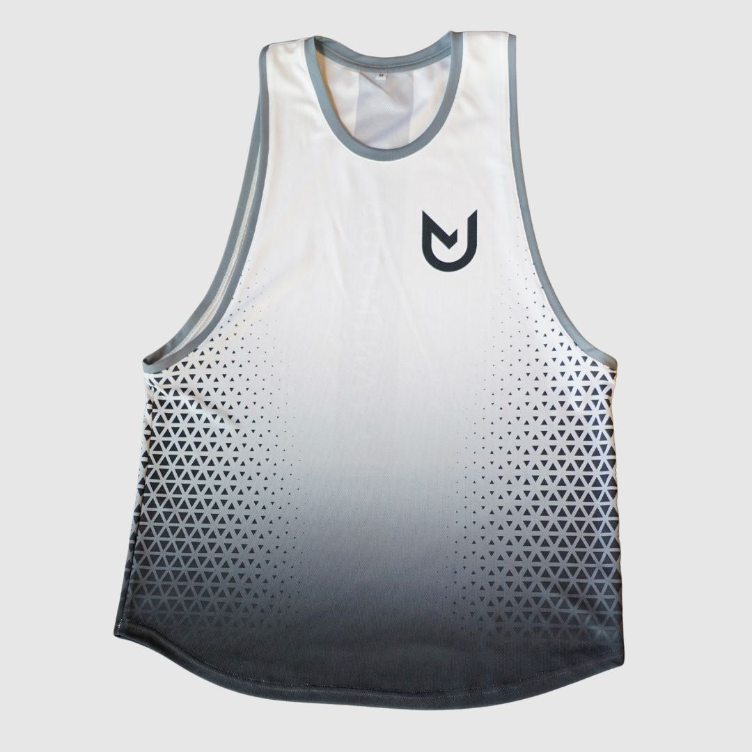 Front view of the black gradient mesh-look training singlet.
