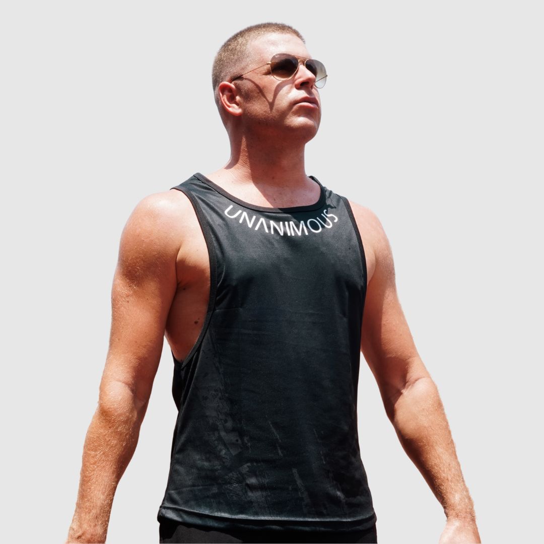 Front view of the black muscle tanktop with extra-wide armholes.