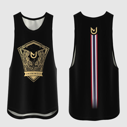 Men's black muscle shirt with bold gold Thai tiger Sak Yant-inspired print