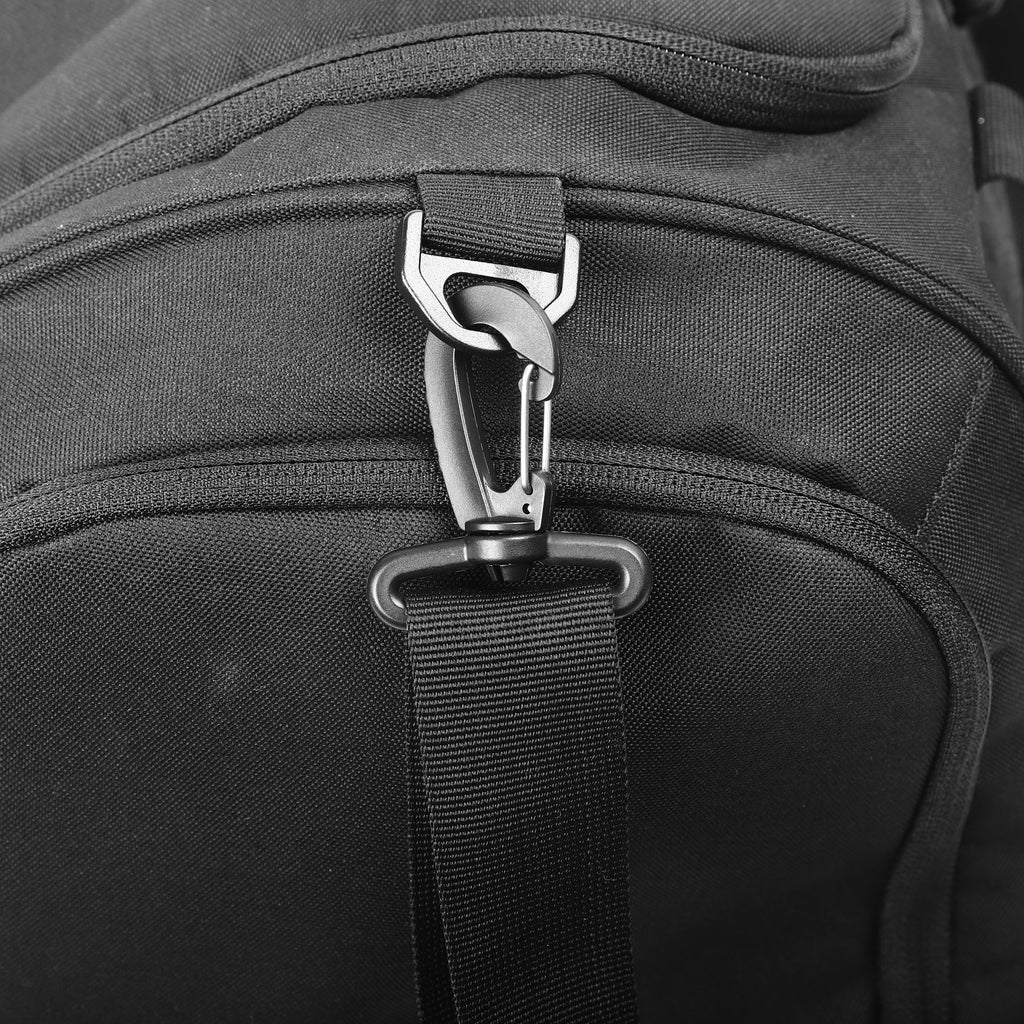 Metal clasp and attachment point detail on the durable black sports bag strap.