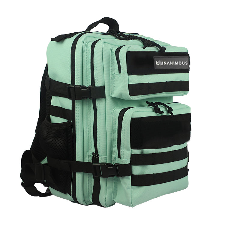 Mint green 25L tactical backpack, highlighting side water bottle pocket.