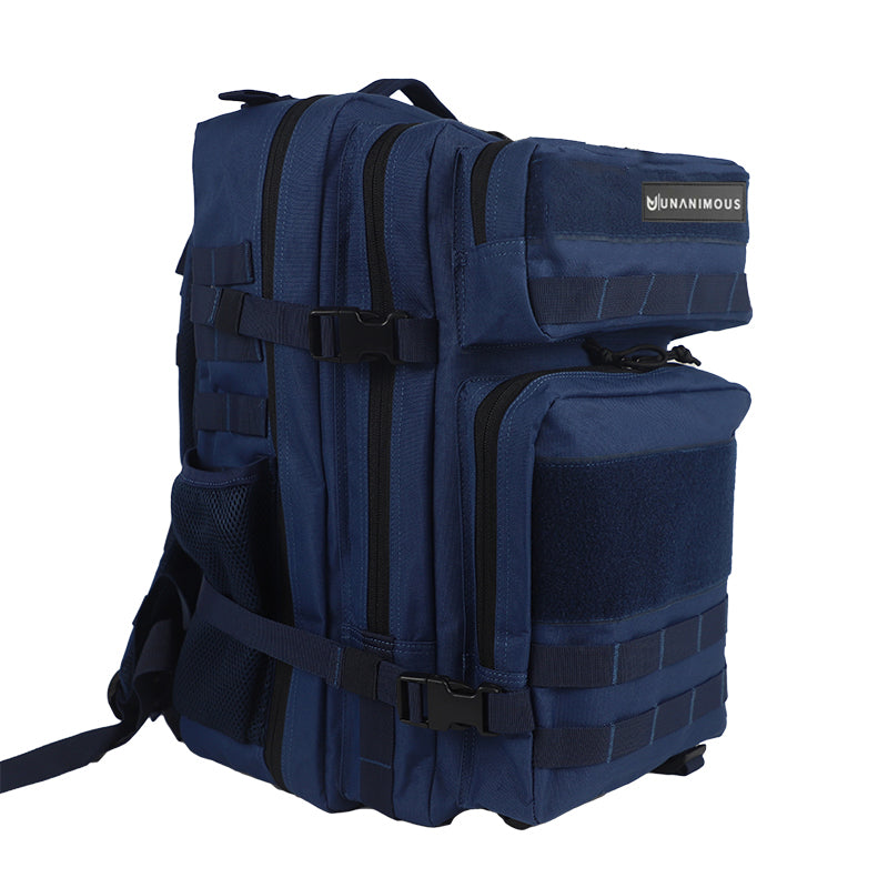 Navy Blue Unanimouswear Tactical Backpack 45L. Front angle view showing MOLLE webbing, compression straps, and bottle pocket.