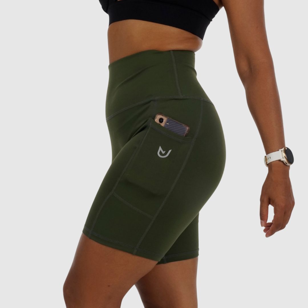 Olive Green Cycling Shorts high‑waisted style with side pockets and seamless finish