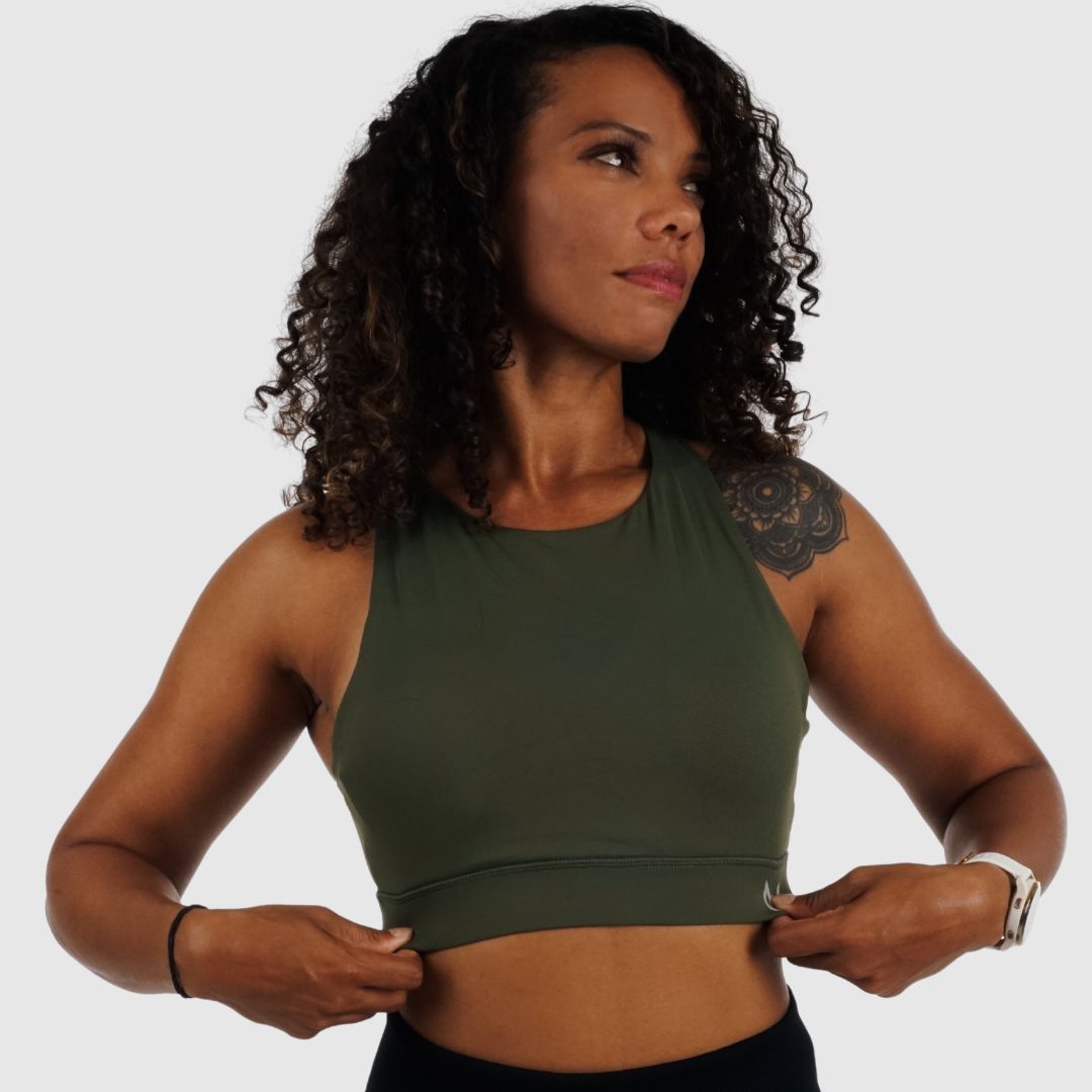 Olive Green Racerback Sports Bra. High-support gym bra with wide underbust band & moisture-wicking fabric