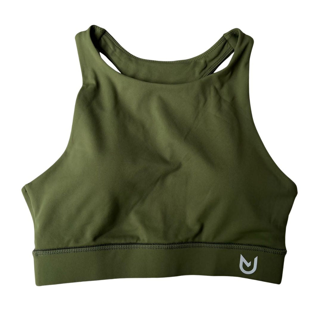 Olive Green Sports Bra Racerback. High-support, moisture-wicking gym bra with wide underbust band and supportive racerback