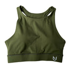 Olive Green Sports Bra Racerback. High-support, moisture-wicking gym bra with wide underbust band and supportive racerback