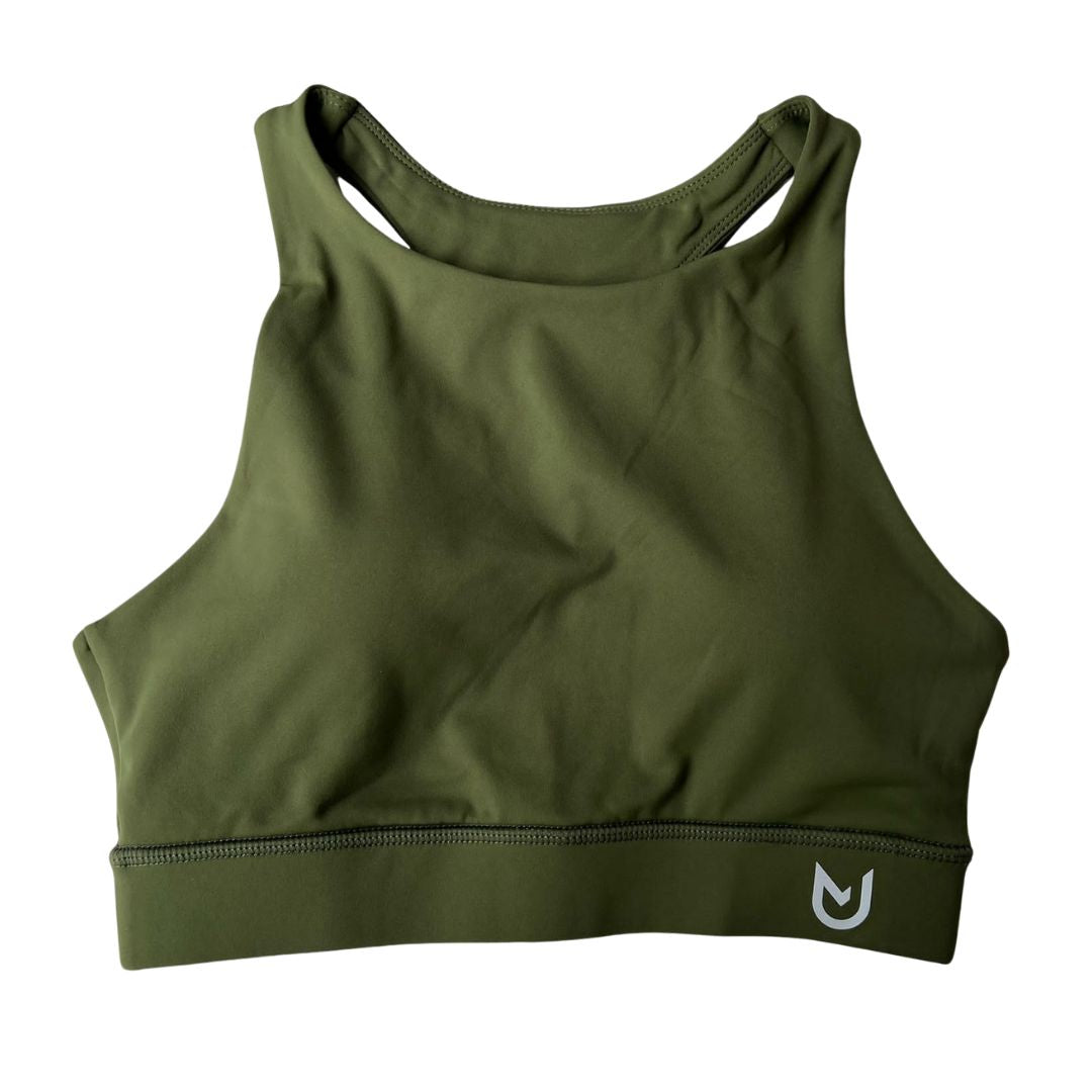 Olive Green Sports Bra Racerback. High-support, moisture-wicking gym bra with wide underbust band and supportive racerback