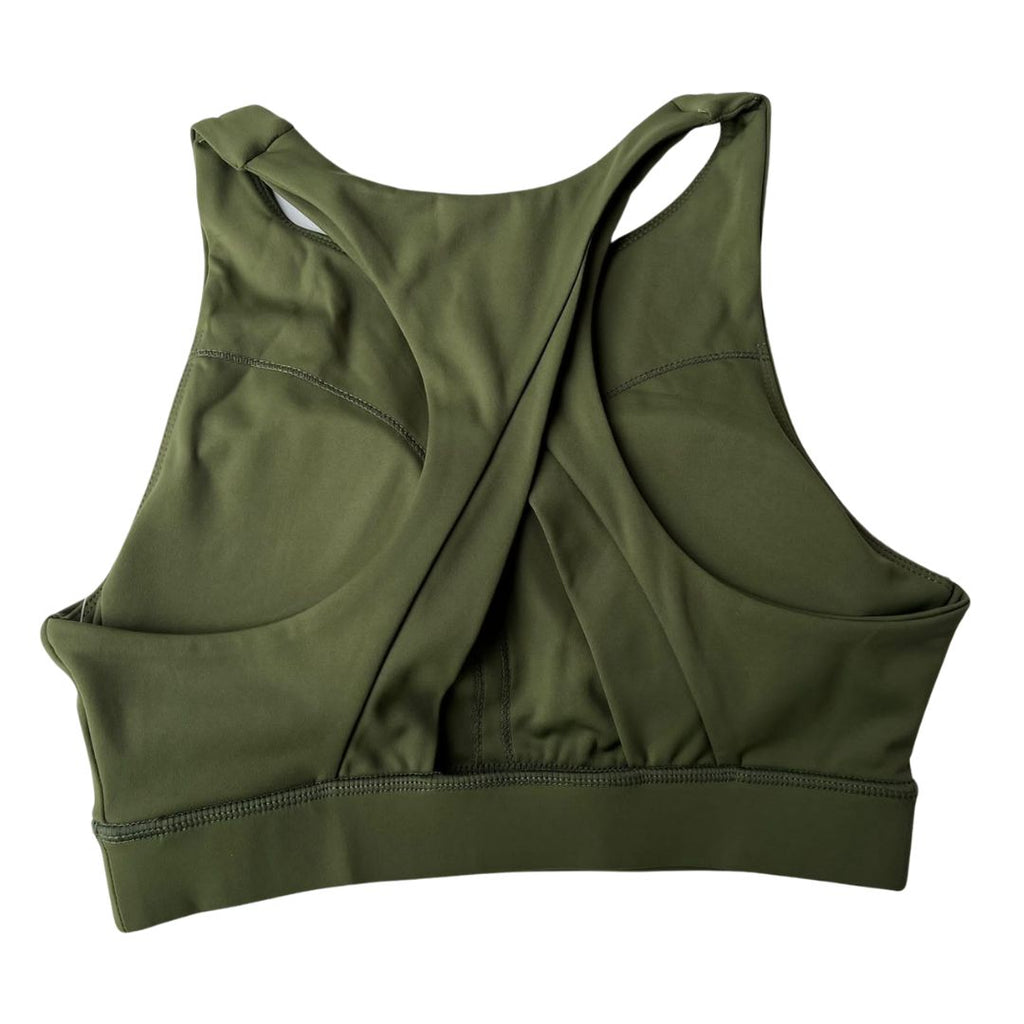 Olive Green Sports Bra Racerback, back view. Highlights the wide crossover straps and supportive back design for workouts