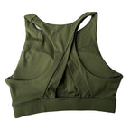 Olive Green Sports Bra Racerback, back view. Highlights the wide crossover straps and supportive back design for workouts