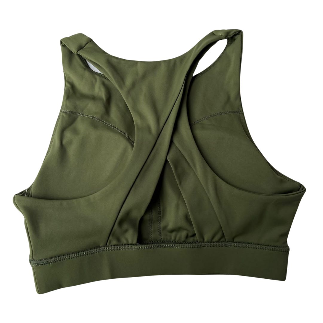 Olive Green Sports Bra Racerback, back view. Highlights the wide crossover straps and supportive back design for workouts