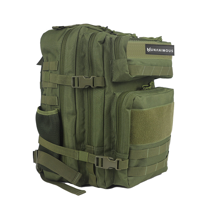 Olive Green Unanimouswear Tactical Backpack Premium Tactic 45L. Front view showing MOLLE webbing & compression straps