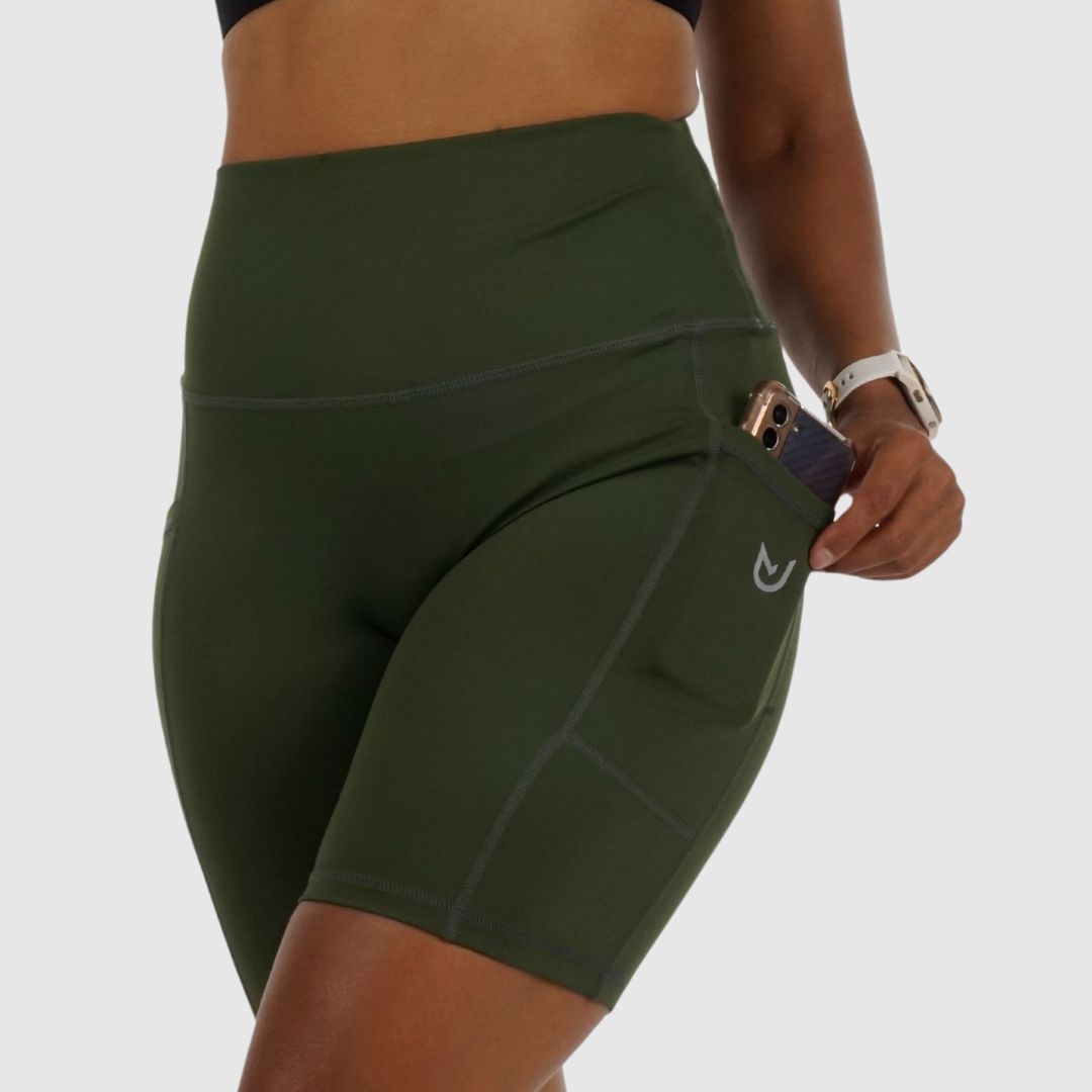 Olive Green shorts made from recycled polyester and spandex blend.