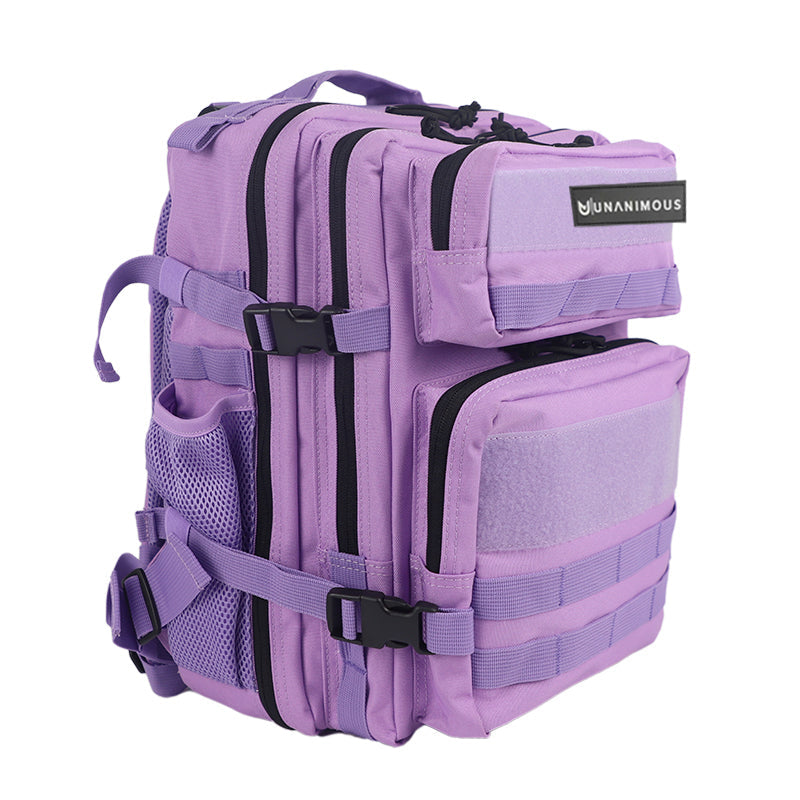 Purple Tactic 25L backpack showcasing multiple zippered compartments.