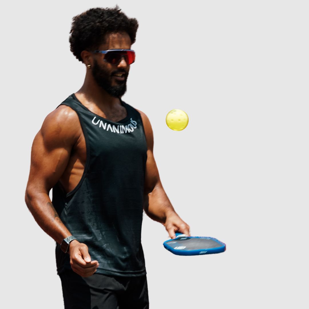 Rear view of the men's black muscle tanktop, emphasizing the relaxed fit.