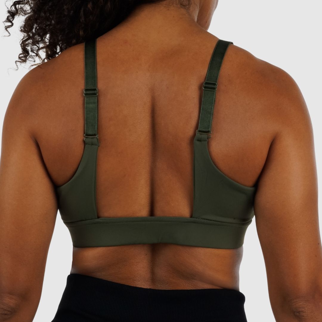 Side profile of Olive Green sports bra, highlighting secure support