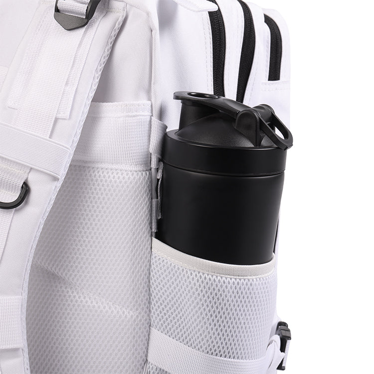 Side view of the white backpack with a water bottle secured in the elastic pocket.