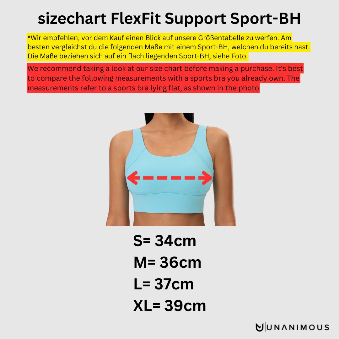Size chart for FlexFit Support Sports Bra.