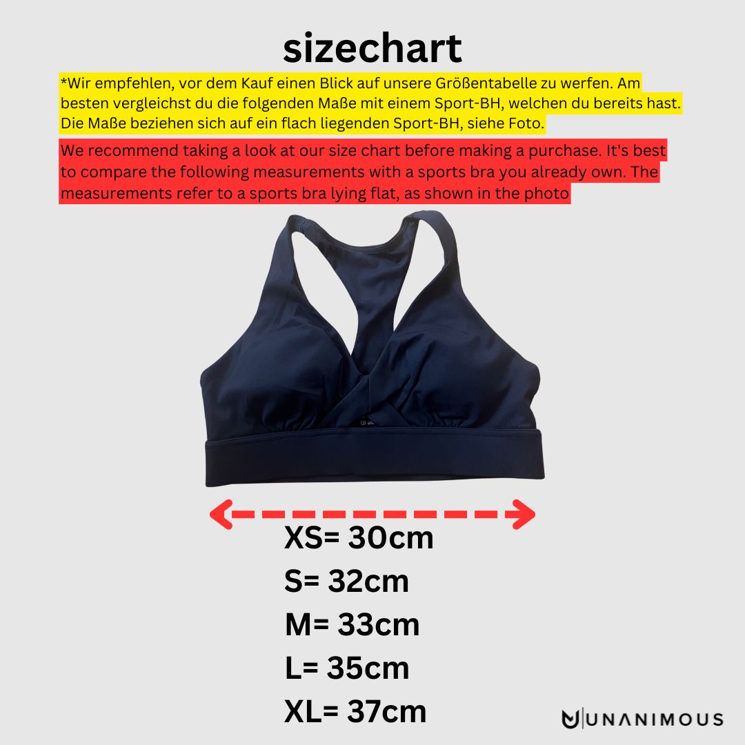 Size chart for Unanimous Wear Elegance Black Sports Bra showing measurements for S, M, and L sizes.