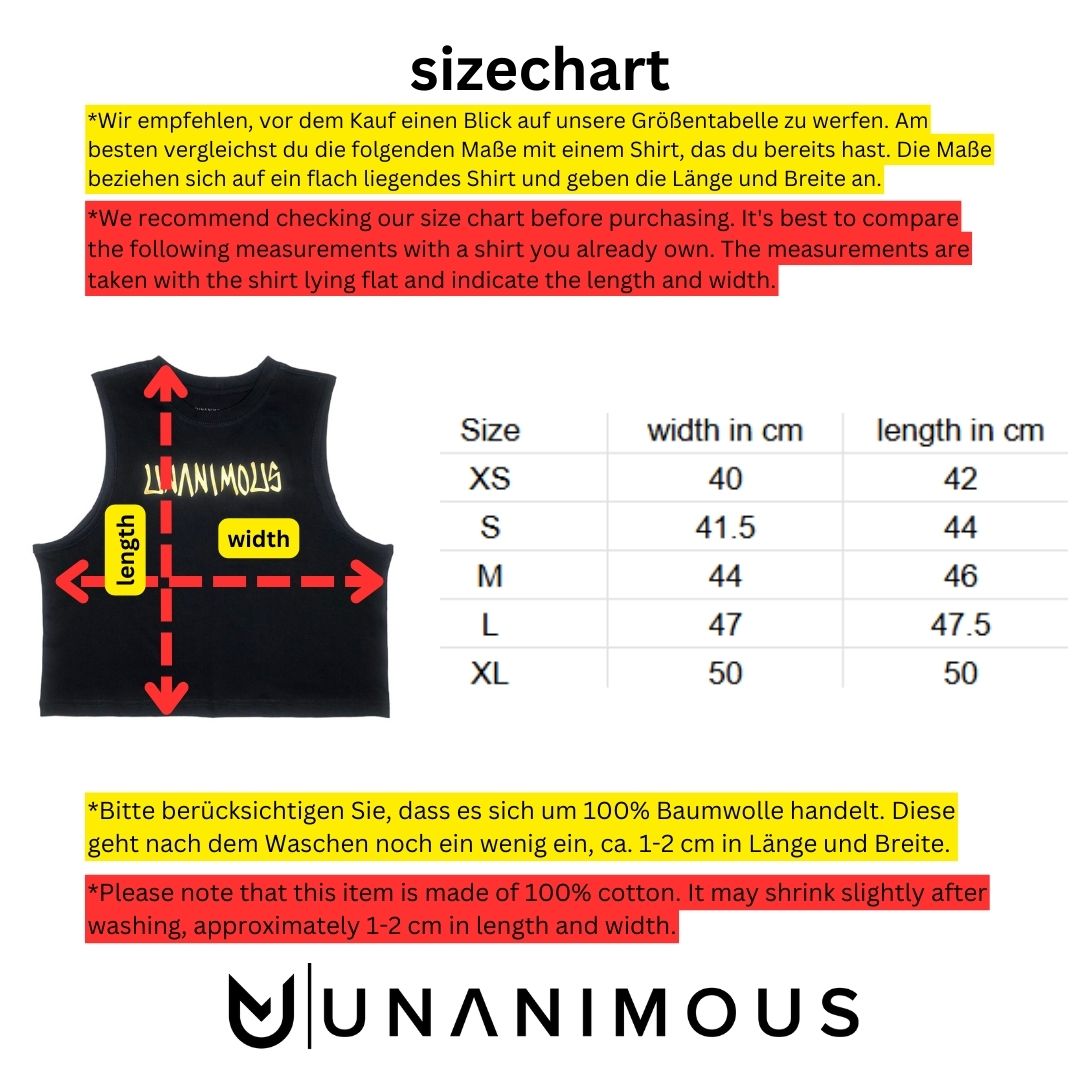 Size chart for Women Crop Tank Graffiti, showing length and width measurements.