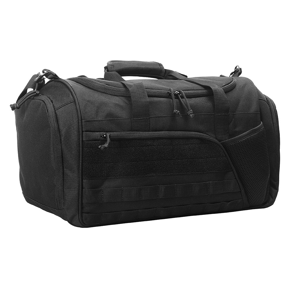 Spacious black sports bag, front view, perfect for gym and travel essentials.