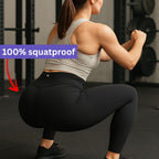 Squat-proof black athletic leggings showing full coverage during a squat exercise