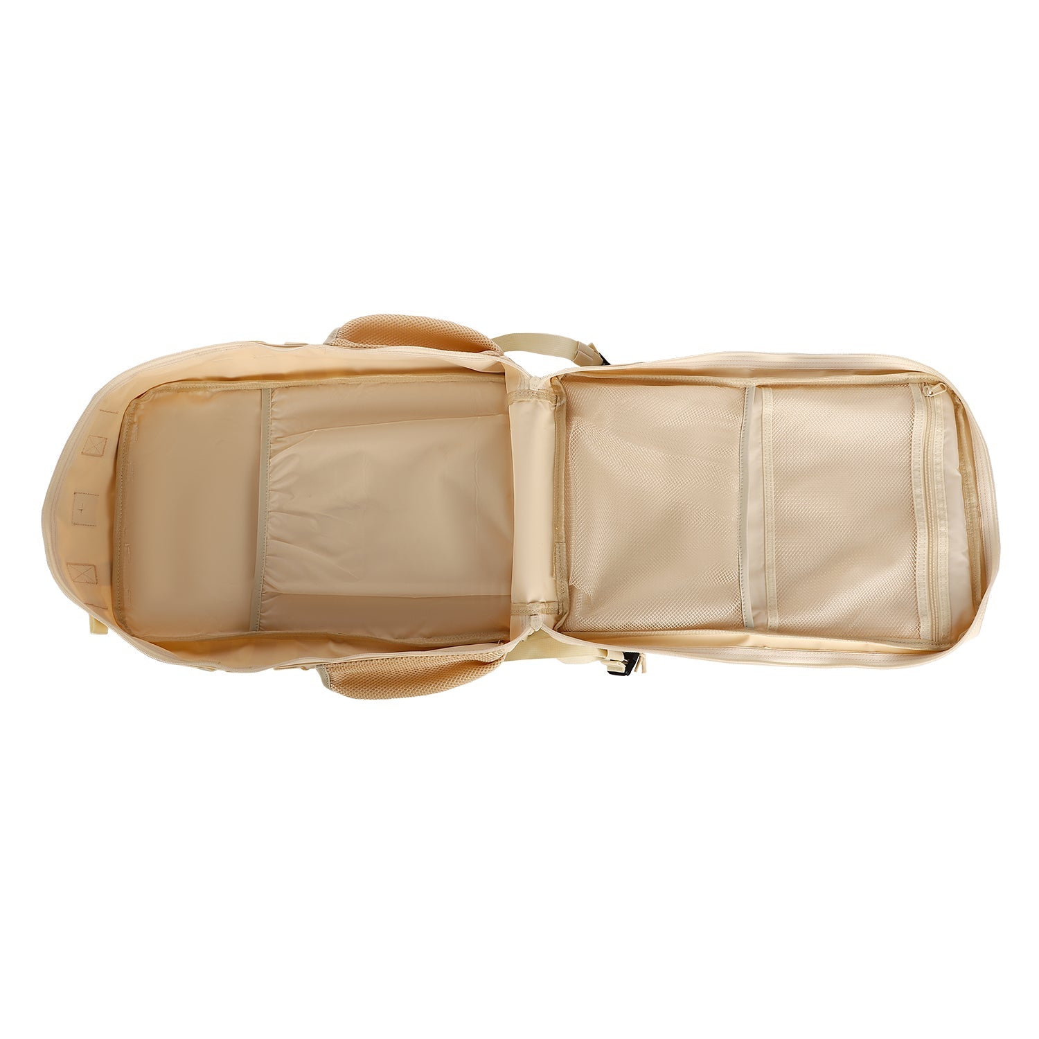 Tan Tactical 45L Backpack interior view. Shows 180° clamshell opening, large packing space, and zippered mesh organization pockets