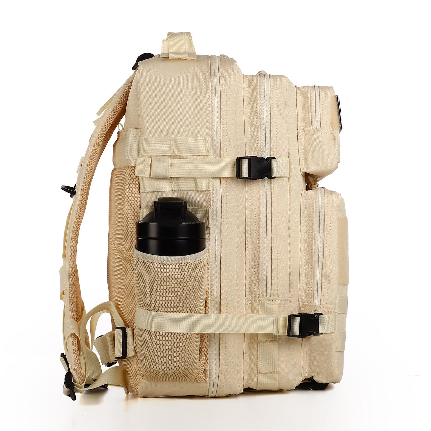 Tan Tactical Backpack 45L side view. Shows mesh water bottle pocket, compression straps, MOLLE loops, and padded back
