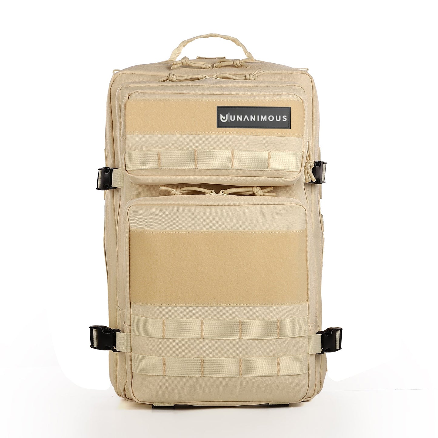 Tan Unanimouswear Tactical Backpack 45L, front view. Shows large Velcro patch panels, MOLLE webbing, and compression straps