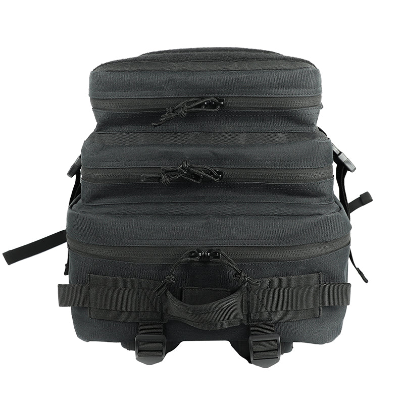 Three black 25L tactical backpacks stacked, demonstrating compact size.