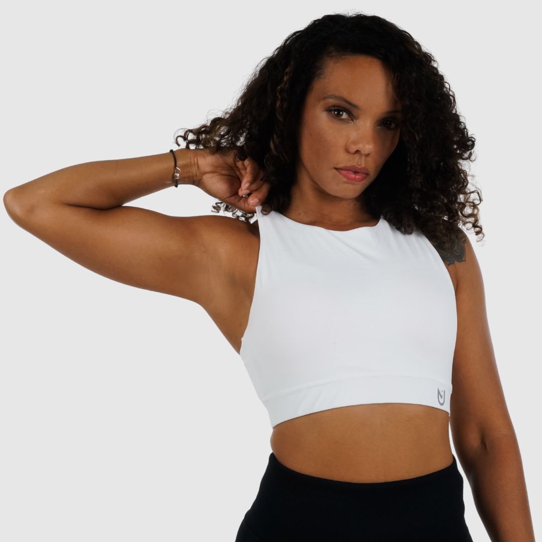 White Racerback Sports Bra. High-support gym bra with wide underbust band & moisture-wicking fabric