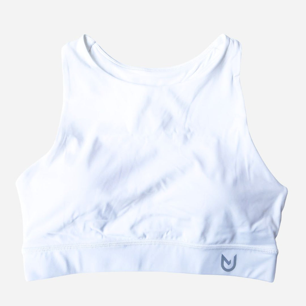 White Sports Bra Racerback. High-support fitness top with wide underbust band, racerback straps, and dry-fit material