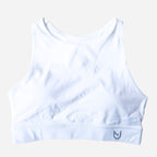 White Sports Bra Racerback. High-support fitness top with wide underbust band, racerback straps, and dry-fit material