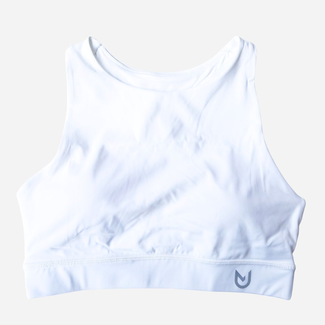 White Sports Bra Racerback. High-support fitness top with wide underbust band, racerback straps, and dry-fit material