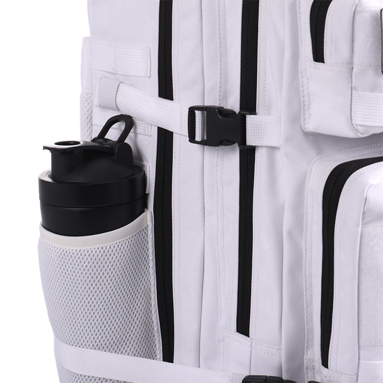 White Tactical 45L Backpack side pocket. Shows mesh water bottle holder, black shaker bottle, and compression buckle