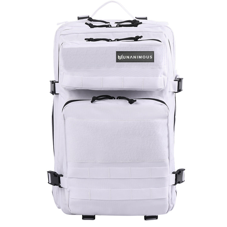White Unanimouswear Backpack Premium Tactic 45L, front view. Clean design with large Velcro patch panels and compression buckles